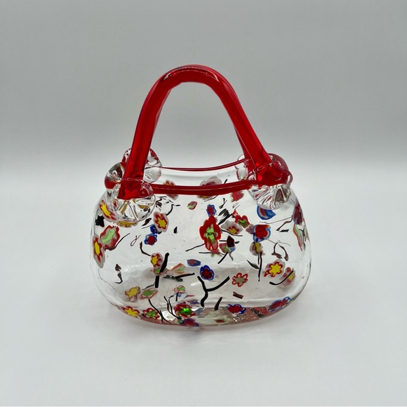 Vintage Hand Blown Purse Vase Floral Millefiori Art Glass Crystal Murano Style - Picture 7 of 13